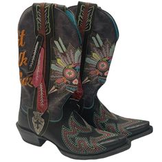 ***These Will Fit A Size 7.5 As That Is My Size And They Fit***. They Are A 9.5 Out Of 10 Stars Because Of The Nic On The Toe***Otherwise Perfect Condition. Ariat Gypsy Soule Black Sugar Skull Western Boots Don’t Walk In Fear These Are From My Personal Collection, Purchased By Me, Hard To Let Go Ofthey Have Soo Much Character. Heel: 2 Inches Total From Top Of Shaft: 13 Inches Marked A Size 7 *But* Does Not Fit Like A Size 7. I Wear Size 7 1/2 - 8 In Ariat Boots For Reference. Toe To Heel Measures Right At 11 Inches On The Bottom. Tags: Feathers, Silver Metal Indian Head, Edgy Rock & Roll They Are Stamped Inside: “Sample Not For Resale” Just Meaning I Bought At A Samp Multicolor Western Boots With Snip Toe, Multicolor Western Boots For Festivals, Multicolor Western Festival Boots, Casual Multicolor Snip Toe Boots, Black Snip Toe Boots For Festival, Black Snip Toe Festival Boots, Black Sugar Skull, Skull Cowboy, Indian Feathers