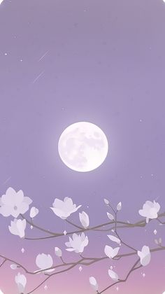 a full moon is seen above some white flowers on a tree branch in front of a purple sky