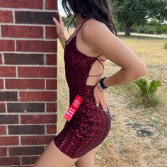 Nwt Party/Homecoming Dress Maroon Sequin Dress Back Straps Zipper Some Stretch On Material *Bin 01