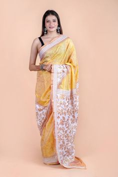 "Light orange gold Hand Embroidered reverse Kantha Stitch Saree with Blouse piece | Blended Bangalore Silk Saree | Kantha Hand Work / Party Wedding Wear / off white base multicolor thread work kantha saree Wedding wear saree, party wear saree, Blended Banglore silk saree, hand embroidered saree, hand work saree. This is authentic hand embroidered Kantha Stitch Saree. The unique thread Kantha embroidery design is entirely handcrafted by our skilled artisans. The most significant aspect of hand em Yellow Bollywood Pre-draped Saree, Transitional Yellow Chanderi Pre-draped Saree, Orange Pre-draped Saree With Zari Work, Navratri Orange Blouse Piece, Bollywood Style Orange Blouse Piece, Transitional Season Yellow Blouse, Orange Blouse Piece For Festive Occasions, Transitional Gold Pre-draped Saree, Unstitched Orange Traditional Wear With Chikankari Embroidery