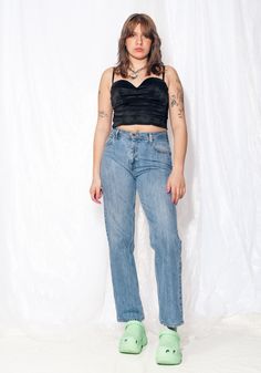 Let's be honest, everything was better in the 90s - including jeans! These vintage sustainable Lee straight jeans are the perfect mix of comfort and cool, without the fast fashion guilt. Plus, who doesn't love real denim that could double as armor? Our model, Szedi is 170 cm / 66.3" tall and she's a size L. Size: L / US 8 / UK 12 / IT 44 Other size info: Labelled size: W32 L32 Measurements:  waist: 82 cm / 32.0" rise: 29 cm / 11.3" inseam length: 79 cm / 30.8" Fabric: cotton 100% Care: Machine wash separately Y2k Straight Leg Denim Jeans, Y2k Straight Leg Jeans With Five Pockets, 90s Denim Blue Straight Leg Pants, 90s Straight Leg Denim Bottoms, 90s Style Straight Leg Denim Pants, 90s Style Wide Leg Medium Wash Jeans, 90s Style Straight Leg Flare Jeans For Streetwear, 90s Mid-rise Streetwear Jeans, 90s Style Full-length Denim Flare Jeans