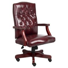 an office chair with leather upholstered back and arm rests on casteor wheels