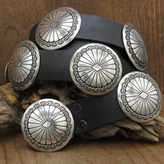 "Sterling silver concho belt on black leather. The buckle and each concho are 1 3/4\" in diameter. There is a buckle and 11 conchos. The leather is 47\" long and 1\" wide.  It is new leather with no holes punched yet. There is no signature. We tested the metal and guarantee it is sterling silver. The belt is in good condition. Thank you for shopping in our store. Please let us know if you have questions.  BELT-997K-CB-5 k" Turquoise Belt, Turquoise Men, Concho Belt, Silver Bead Necklace, Sterling Silver Cuff Bracelet, Sterling Silver Cuff, Leather Silver, Silver Cuff Bracelet, Silver Cuff