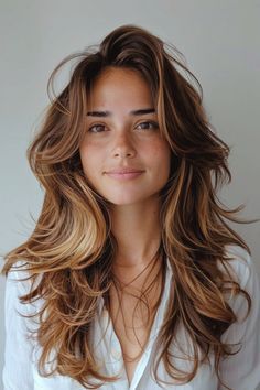 Chest Length Layered Haircuts, Log Layer Haircuts, Long Layered Hair Wavy Side Part, Super Layered Wavy Hair, Layered Wave Hair, Shaggy Front Layers, Long Hair Face Framing Layers Wavy, Summer Long Haircuts, Hayley Kalil Hair