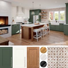 a kitchen with green cabinets and white counter tops next to a wood flooring color scheme