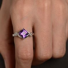 Amethyst Ring Silver Natural Square Cut Purple Gemstone | Etsy Purple Square Cut Jewelry For Gifts, Purple Amethyst Ring With Rectangular Stone For Anniversary, Amethyst Ring With Rectangular Purple Stone For Anniversary, Purple Emerald Cut Birthstone Ring Gift, Purple Amethyst Ring With Accent Stones, Rectangular Shape, Rectangular Purple Amethyst Ring With Accent Stones, Silver Rectangular Amethyst Ring As Gift, Rectangular Purple Amethyst Ring For Anniversary, Silver Rectangular Amethyst Ring Gift