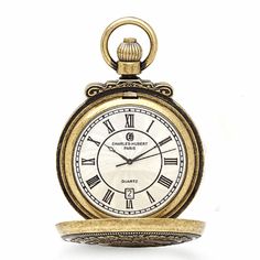 "PRODUCT DESCRIPTION This vintage style antique gold-plated pocket watch features a locomotive chugging along in full steam, surrounded by a wreath of roses on the front cover. The rose wreath pattern is repeated on the back, surrounding a circular area for free engraving of to 3 lines of inscription. Inside, the watch features a white dial with black Roman numerals, hands, and date display. This historic pocket watch design comes with a matching 12\" chain, and is packaged in a Charles Hubert g Liquor Flask, Flask Set, White Watch, Pocket Watch Chain, Pocket Watches, Watch Chain, Black Hand, Antique Finish, Watch Movement