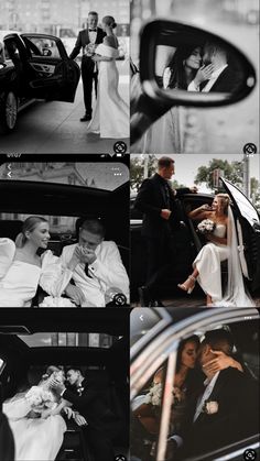 black and white wedding photos taken from the back seat of a car with bride and groom