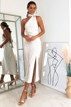 Thalia Soft Satin Midi Dress | Champagne | Wedding Guest Nude Rehearsal Dinner Dress, Medi White Dress Outfit, Rehearsal Dinner Dress 2022, Formal Rehearsal Dinner Dress, Thalias Wedding Dress, Silk White Midi Dress, Classy Engagement Party Dress, Bride To Be Looks, Classy Rehearsal Dinner Outfit