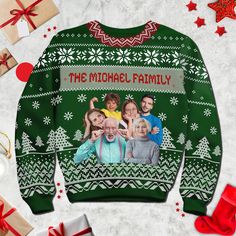 the michael family christmas sweater with presents around it