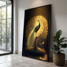 a peacock sitting on top of a tree next to a potted plant in front of a window