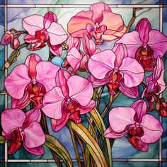 a painting of pink orchids on a stained glass background