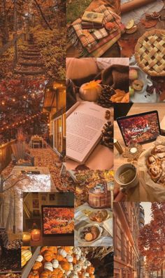 a collage of different pictures with food and trees in the background, including an open book