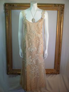 Vintage 1920's Beige Embroidered Net and Lace Evening Dress - Size 12 Wedding Eyes, 1920s Outfits, Rancho Mirage, Beige Dress, Beige Dresses, Lace Evening Dresses, Lace Hem, Spring Sale, Gold Dress