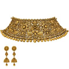 This beautiful 22k yellow gold Indian jewelry set features engraved details along the choker necklace and jhumka earrings to create an elaborate design of sophistication and elegance.Features• 22k yellow gold• Engraved detailsVirani Jewelers bridal jewelry made from 22k gold brings together the beauty and significance of Indian culture and traditions. Find more beautiful 22k gold Indian bridal like this choker necklace and jhumka earring set on our website.Specifications:• Minimum Necklace Width Traditional Gold Choker For Reception, Gold Choker With Intricate Design For Diwali, Gold Jhumkas With Intricate Design For Reception, Gold Jewelry Set With Intricate Design For Reception, Traditional Gold Temple Necklace For Reception, Gold Temple Necklace For Reception And Festivals, Yellow Gold Bridal Necklace With Intricate Design For Reception, Gold Choker For Diwali Reception, Gold Temple Necklace With Intricate Design For Reception