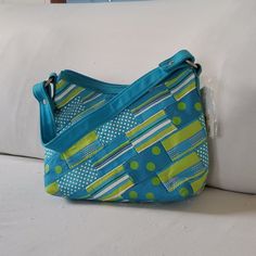 Turquoise And Lime Green 11x7 Canvas Bag With Shoulder Strap. Quilt Ideas, Canvas Bag, Lime Green, Diaper Bag, Shoulder Bags, Blue Green, Shoulder Strap, Color Blue, Bag Lady