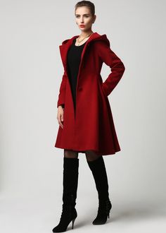 "This hooded red wool coat gives you the fall winter feels! Everything you need in a perfect hooded wool coat is here. The stylish wool coat to wear this season to church, work events, and out and about town....and now the search is over! It has been meticulously tailored with superior wool fabric that will keep you warm all season long. Every woman needs a wool coat in her wardrobe! Here are the reasons why I love this red cool coat. DETAIL * If you need the Parent-child outfit (Mom and daughte Hooded Wool Coat With Pockets For Winter, Hooded Wool Outerwear, Fitted Hooded Pea Coat For Winter, Solid Wool Hooded Outerwear, Solid Color Wool Hooded Outerwear, Wool Winter Coat With Detachable Hood, Hooded Wool Coat For Fall, Hooded Wool Coat With Pockets For Fall, Hooded Wool Pea Coat For Fall