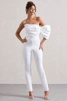 Strapless Off-shoulder Jumpsuit For Spring Formal, White Off-shoulder Evening Jumpsuits And Rompers, Formal Spring Strapless Off-shoulder Jumpsuit, Formal Spring Strapless Jumpsuit, White Off-shoulder Jumpsuits And Rompers For Evening, Elegant White Strapless Jumpsuit For Evening, Elegant Off-shoulder Strapless Jumpsuit For Spring, Elegant White Strapless Jumpsuit For Party, Elegant White Strapless Jumpsuit For Summer