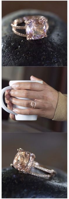 three different views of an engagement ring and wedding band