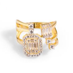 Discover the luxury of our Baguette Diamond Adjustable Gold Fashion Ring, a must-have accessory for fashion-forward women. Crafted from 18k gold vermeil, this ring is adorned with sparkling Cz baguette diamonds, creating a unique and stylish look.  The adjustable design ensures a perfect fit, making it both elegant and practical. With its luxurious appeal and modern design, this ring is the perfect choice for women who love to make a statement with their style. Whether for a special occasion or everyday wear, this ring adds a touch of sophistication to any outfit. Details 18K gold plated on 925 Sterling silver Cz diamond Ring size Adjustable 5'' to 7'' Avoid contact with chemicals, makeup, perfume. Do not use dips or abrasive cleaners on ring. To clean and brighten it up your ring, wipe th Elegant Open Diamond Ring With Sparkling Stones, Gold Baguette Diamond Ring In Dazzling Style, Luxury Cubic Zirconia Ring With Baguette Diamonds, Luxury Baguette Ring For Formal Occasions, Gold Dazzling Diamond Ring With Baguette Diamonds, Dazzling Gold Diamond Ring With Baguette Diamonds, Luxury Baguette Cut Cubic Zirconia Diamond Ring, Luxury Gold Diamond Ring With Baguette Diamonds, Yellow Gold Baguette Diamond Promise Ring