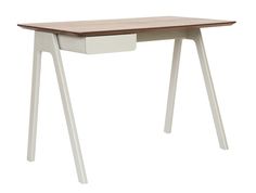 a white desk with a wooden top and two legs on each side, against a white background