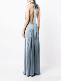 Michelle Mason Backless halter-neck Tie Gown - Farfetch Cocktail Chic Dress, Halter Neck Tie Dress, Halter Neck Backless Dress, Sleeveless Silk Halter Dress With Back Opening, Silk Sleeveless Halter Dress With Back Opening, Elegant Blue Halter Neck Backless Dress, Elegant Blue Satin Backless Dress, Satin Backless Gown With Tie Back, Elegant Blue Halter Dress For Formal Occasions