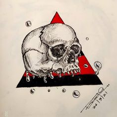 a drawing of a skull sitting on top of a red triangle