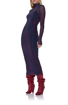 This gauzy mesh dress with a scrunched turtleneck, thumbhole cuffs and a smooth, curve-hugging silhouette features a graphic print that makes a bold impression. Slips on over head Turtleneck Long sleeves with thumbhole cuffs Slip lining 95% polyester, 5% spandex Machine wash, tumble dry Imported Long Sleeve Bodycon Mesh Dress, Fall Bodycon Mesh Dress With Mesh Sleeves, Long Sleeve Mesh Dress For Fall, Fall Mesh Dress With Long Sleeves, Fall Mesh Long Sleeve Dress, Fall Long Sleeve Mesh Dress, Sheer Fitted Mesh Dress For Fall, Sheer Mesh Bodycon Dress For Fall, Fall Sheer Mesh Bodycon Dress