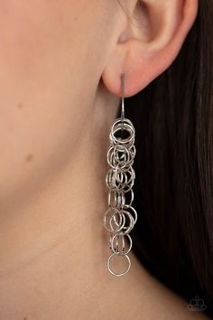 Strands of shiny silver links cascade from the bottom of a dainty hook shaped hoop, creating a rebellious fringe. Hoop measures approximately 1/2" in diameter. Earring attaches to a standard post fitting.

 Sold as one pair of hoop earrings. Paparazzi Jewelry Images, Paparazzi Accessories Jewelry, Silver Strand, Dangle Hoop Earrings, Link Earrings, Paparazzi Accessories, Chic Jewelry, Paparazzi Jewelry, Long Live