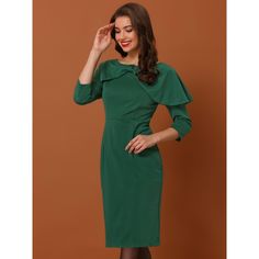 Fabric Type: 95% Polyester, 5% Spandex; Elegantly feminine in this party dress featuring 3/4 sleeves, an invisible zipper, a bow tie neck and a high waist. Made in a classic design, it is crafted with a hint of stretch for added comfort. Perfectly transitional and beyond versatile, it could be your daily outfit. Green 3/4 Sleeve Dress For Party, Green 3/4 Sleeve Party Dress, Fitted Bodycon Dress With 3/4 Sleeve For Party, 3/4 Sleeve Bodycon Dress For Party, Elegant Bodycon Dress With 3/4 Sleeves For Party, Party 3/4 Sleeve Bodycon Dress, Stretch Bodycon Dress With 3/4 Sleeves For Parties, Evening Gown Dresses, Tie Neck