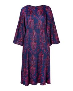 The Lucrezia Bell Sleeve Dress is as diverse as it is chic and works as well before 9 as it does after 5. Take a look at the flattering hourglass fit that truly nips the waist, and the forgiving bell sleeves that waterfall from the shoulders. If you prefer a figure-skimming look, Lucrezia has you covered. The enchanting print in shades of blueberry and blush on our silk twill call to mind sultry nights and delightful days. Let the compliments commence. Product info: 100% Silk Twill. Our model is Spring Evening Midi Dress With Bell Sleeves, Formal Midi Dress With Bell Sleeves For Fall, Formal Fall Midi Dress With Bell Sleeves, Fall Dresses With Cape Sleeves, Batik Dress, Wrap Coat, Skirt Belt, Weekend Wardrobe, Bell Sleeve Dress