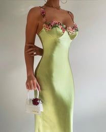 Floral Embroidery Satin Midi Dress – AvocadoMall Plunge Bodycon Dress, Stella Maris, Richie Rich, Yellow Satin, Halter Midi Dress, Sling Dress, Satin Midi Dress, Green Midi Dress, Glam Dresses