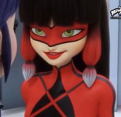 the animated character is dressed in red and black