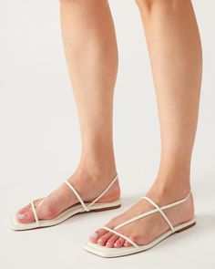 LYNLEY White Strappy Square Toe Sandal | Women's Sandals – Steve Madden Flat Strappy Sandals, Strappy Sandals Flat, Square Toe Sandals, White Flat, Leather Socks, White Flats, 5 Inch Heels, Shoe Care, Strappy Sandals