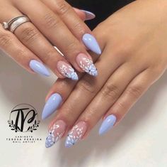 Nice Nails Ideas Stylish Nails Art 2023, Floral Acrylic Nail Designs, Blue Floral Nail Designs, Trendy Nails Flowers, Blue Acrylic Nail Designs, Floral Acrylic Nails, Blue Floral Nails, Summer Nails Art, Nails Yellow