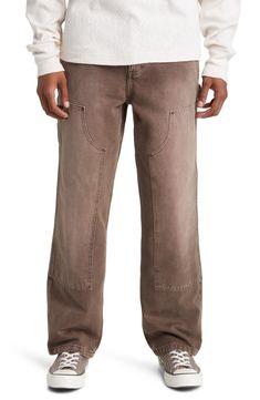 Reinforced knees and extra pockets for tools bring function and authenticity to carpenter pants made of cotton denim in a relaxed, easy-moving fit. 30" inseam; 18" leg opening; 13" front rise; 16" back rise (size 32) 100% cotton Machine wash, tumble dry Imported Rugged Relaxed Fit Washed Bottoms, Rugged Washed Bottoms With Relaxed Fit, Rugged Cotton Jeans With Belt Loops, Rugged Straight Leg Bottoms With Patch Pockets, Rugged Relaxed Fit Straight Leg Bottoms, Rugged Washed Rigid Denim Bottoms, Rugged Cotton Jeans With Pockets, Carpenter Pants, Bottoms Pants