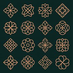 a set of nine ornamental design elements in gold on a dark green background stock photo