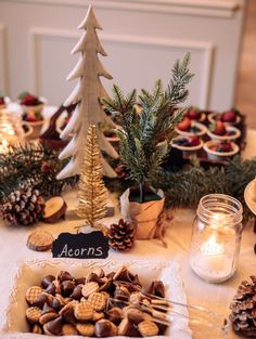 a table topped with pine cones and cookies