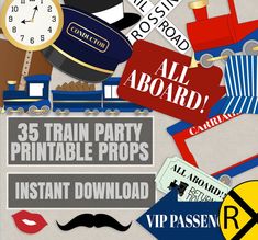 a bunch of stickers that are on top of each other with the words train party printable props