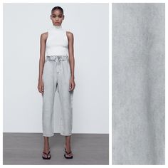 Nwt. Zara Gray Paperbag Baggy High-Waisted Pants/Jeans With Carrot Legs Ankle Rigid Fit, Elastic Waistband, Front Pockets And Back Patch Pockets, Front Zip And Metal Button Closure. Size 2. Ref. 5862/055. Waist 11,5" Flat, Rise 12,5", Inseam 24". 1076 Trendy Spring Pants With Paperbag Waist, Trendy Paperbag Waist Pants For Spring, Trendy Spring Paperbag Waist Pants, Trendy Paperbag Waist Jeans With Pockets, Versatile Baggy Jeans For Spring, Casual Mom Fit Spring Pants, Chic Cotton Jeans With Elastic Waistband, Versatile Summer Jeans With Elastic Waistband, Casual Paperbag Waist Jeans