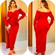 In Excellent Condition Red Gown With Gloves, Elegant Christmas Red Carpet Dress, Red Dress For Fall Gala, Red Dresses For Fall Gala, Red Winter Prom Dress, Red Carpet Holiday Dresses With Long Sleeves, Red Evening Dress For Winter, Red Evening Dresses For Winter, Winter Evening Ruched Dress