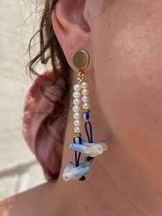 Sweet, sweet seagulls ✨̼ ✦ Gold-plated brass earrings featuring mixed materials of porcelain and faux pearls. ✦ Measures approximately 2.5" in length. ✦ Handmade with 💘 in NYC. Accessorize Bags, Book Clothes, Bandana Hairstyles, Jewelry Pins, Hair Fragrance, Garden Shop, Brass Earrings, Sweet Sweet, Winter Accessories