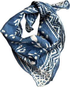 a blue and white scarf on a white background