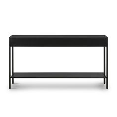 a black table with two shelves on each side and one shelf below it, against a white background