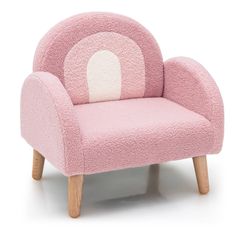 a pink chair with a white circle on the back and legs, sitting in front of a white background