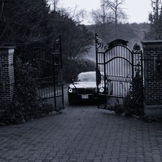 a car is parked in front of an iron gate