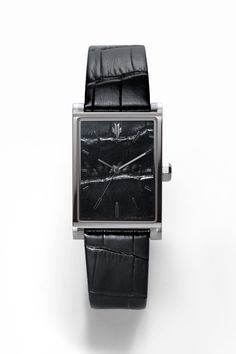 Front view of VIEREN Black Croc leather watch Luxury Square Watches For Formal Occasions, Luxury Square Formal Watches, Luxury Square Face Business Watch, Luxury Square Business Watch, Timeless Rectangular Business Watches, Business Watch Accessories With Leather And Rectangular Dial, Formal Square Face Quartz Watch, Business Watches With Leather Band And Rectangular Dial, Black Rectangular Watches With Leather Strap