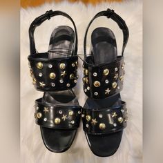 Platforms With Studs, Rhinestones And Stars! The Heel Is 4", And The Platform Is 1". Party Sandals With Spikes, Synthetic Material, Party Sandals With Spikes In Synthetic Material, Party Synthetic Sandals With Spikes, Party Sandals With Rhinestone Rivets And Round Toe, Leather Sandals With Spikes For Party, Party Leather Sandals With Spikes, Party Sandals With Studs And Round Toe, Studded Open Toe Sandals For Party, High Heel Heels With Rhinestone Rivets