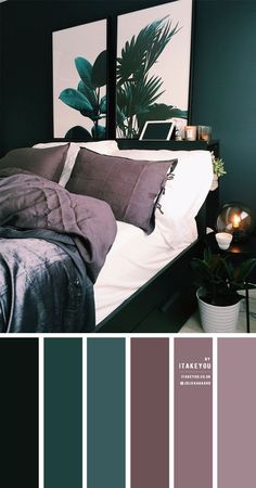 a bedroom with dark green walls, white bedding and purple pillows in the middle