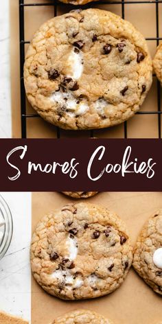 cookies with marshmallows and chocolate chips are on a cooling rack next to a glass of milk